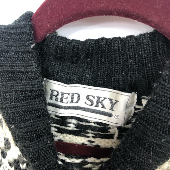 Vintage Sweater Red Sky Chunky Wool Blend Cream Black Pattern Heavy Knit Large - Picture 6 of 11